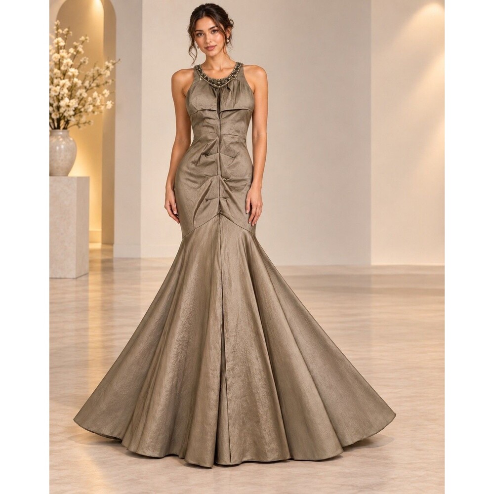 R&M Richards Petite 12P Gray Beaded Scoop Neck Sleeveless A-Line Long Gown